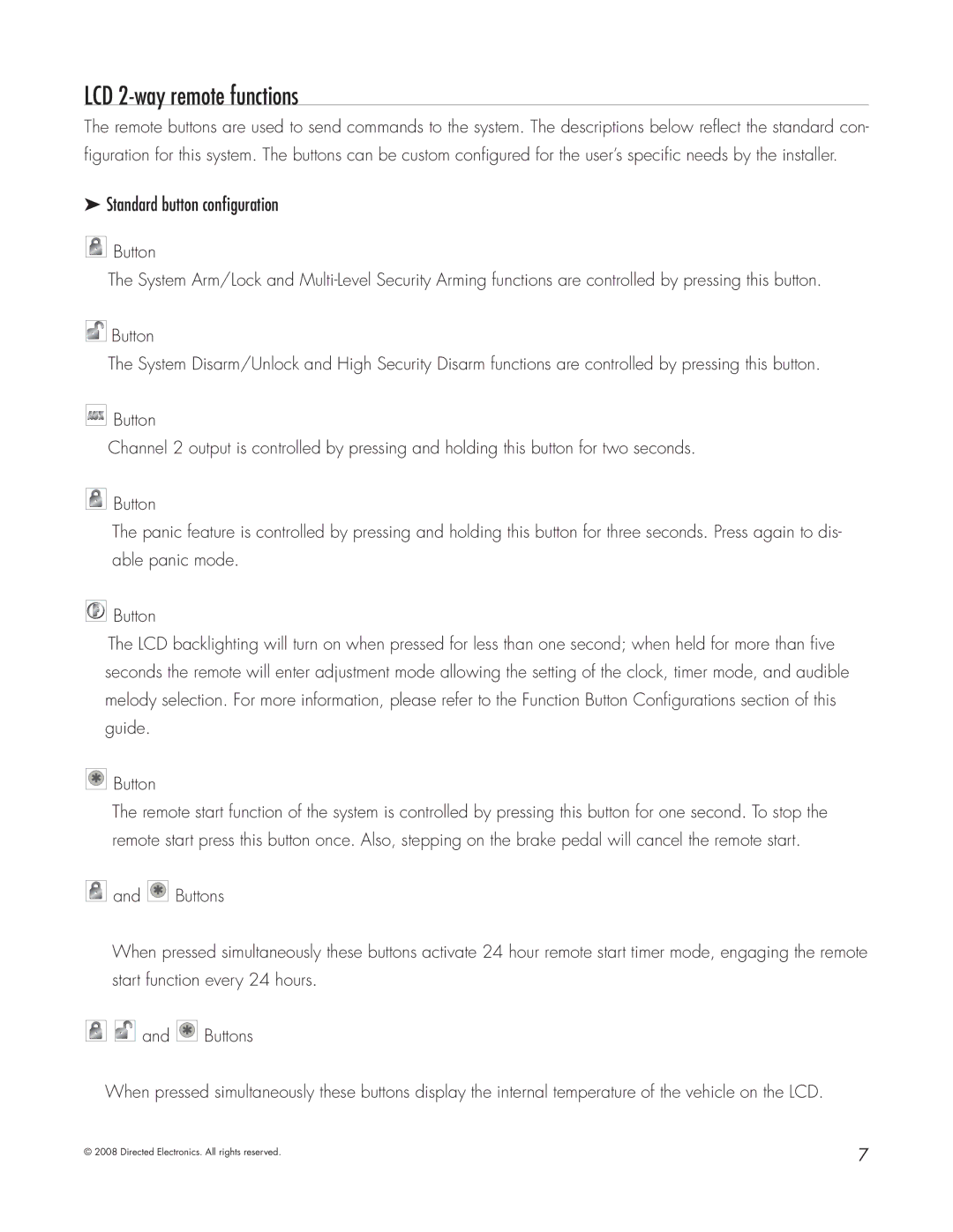 Directed Electronics 5303 manual LCD 2-way remote functions, Standard button configuration 