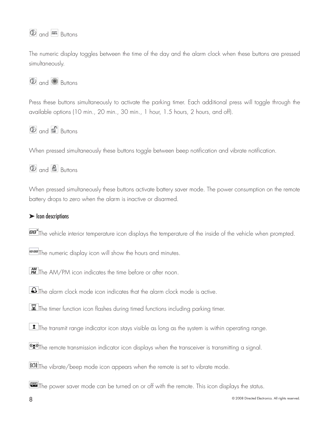 Directed Electronics 5303 manual Icon descriptions 