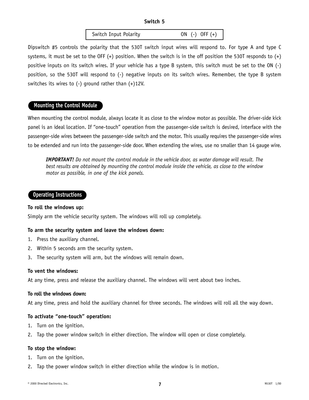 Directed Electronics 530T manual Mounting the Control Module, Operating Instructions 