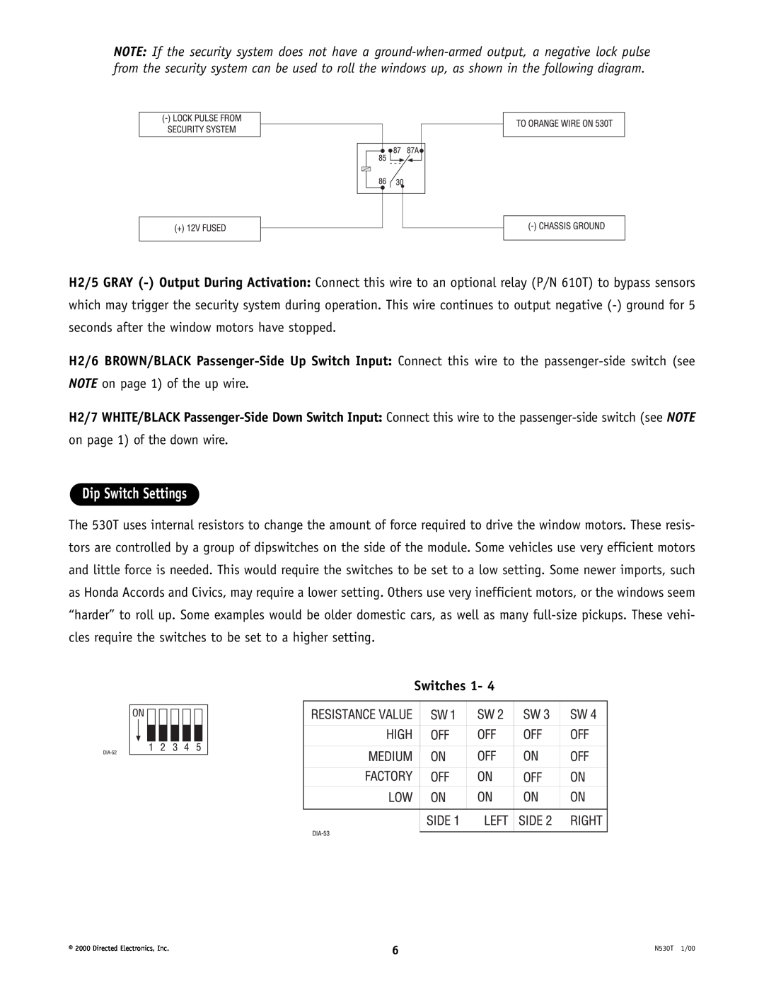 Directed Electronics 530T manual Dip Switch Settings 