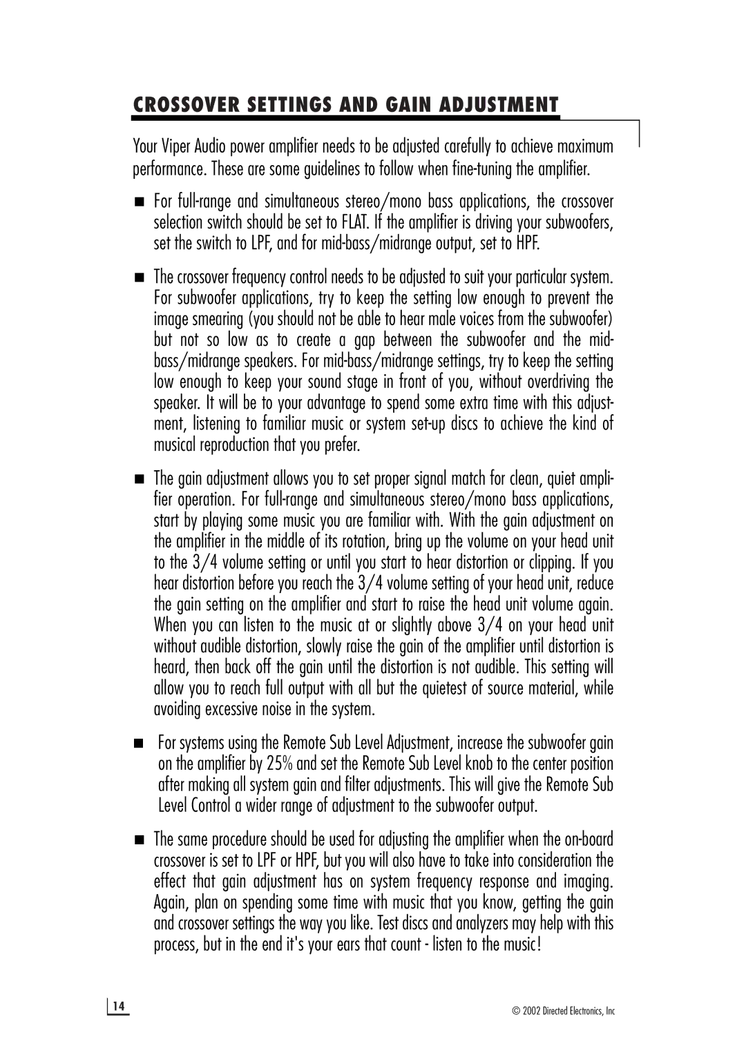 Directed Electronics 550.6 manual Crossover Settings and Gain Adjustment 
