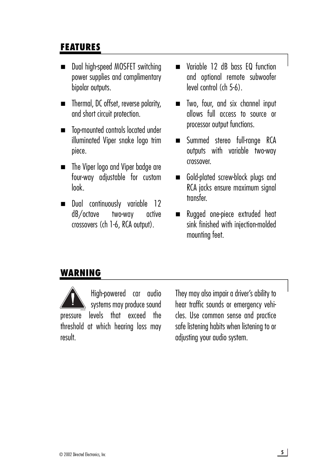 Directed Electronics 550.6 manual Features, „ Dual continuously variable 