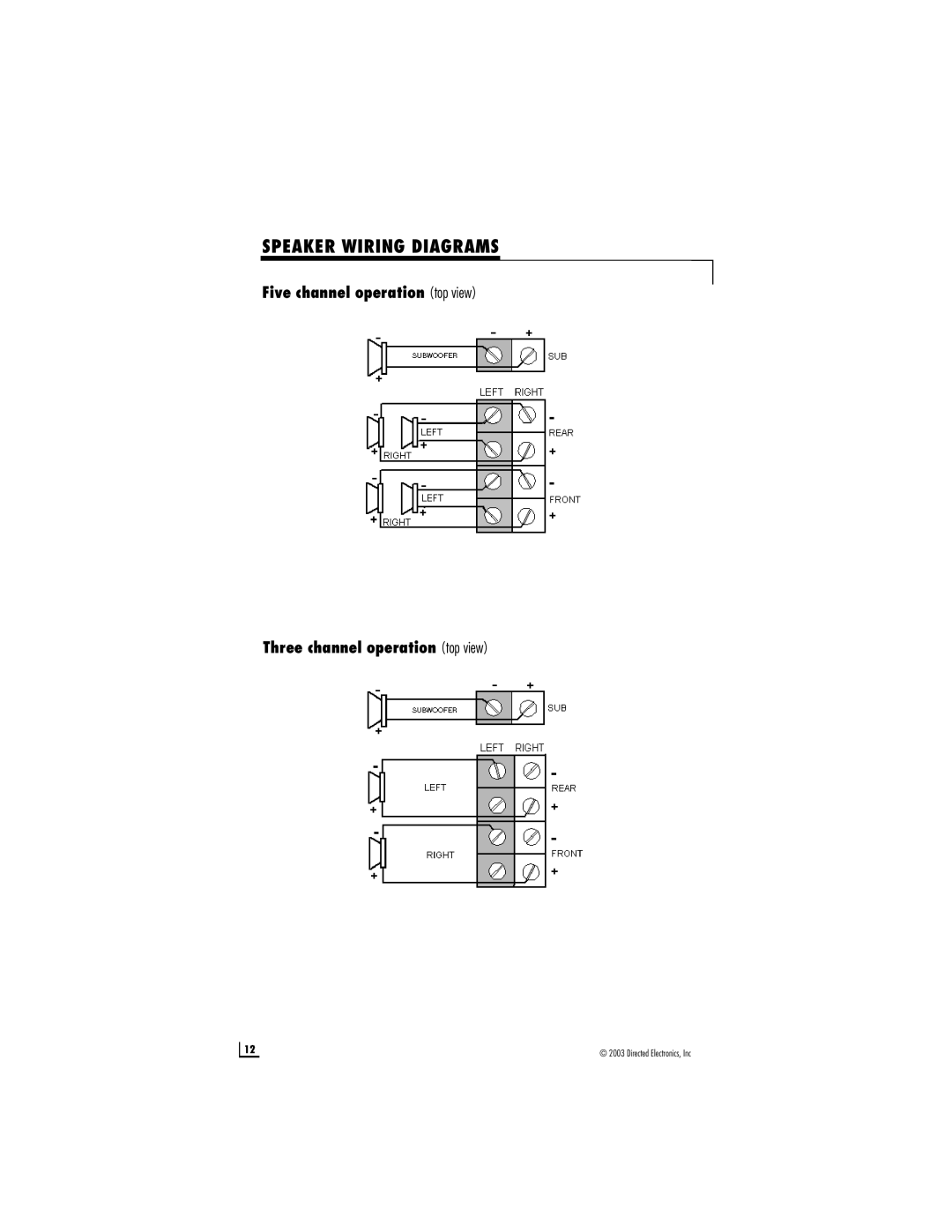 Directed Electronics 600/5 Speaker Wiring Diagrams, Five channel operation top view, Three channel operation top view 