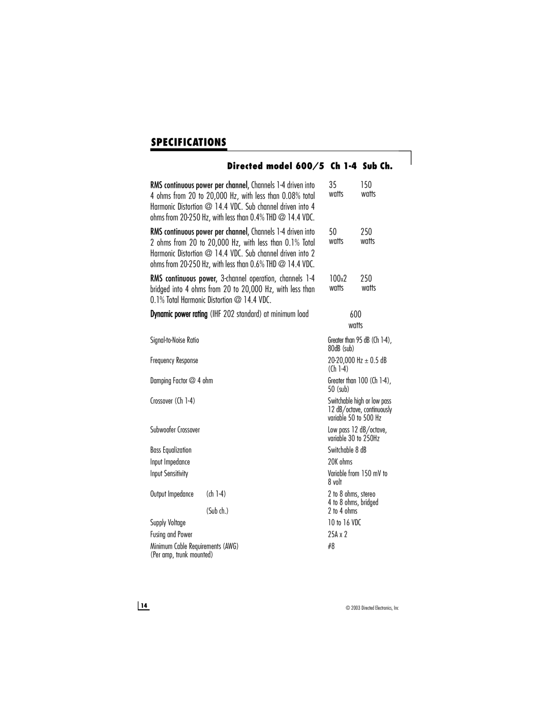 Directed Electronics manual Specifications, Directed model 600/5 Ch 1-4Sub Ch, watts watts 
