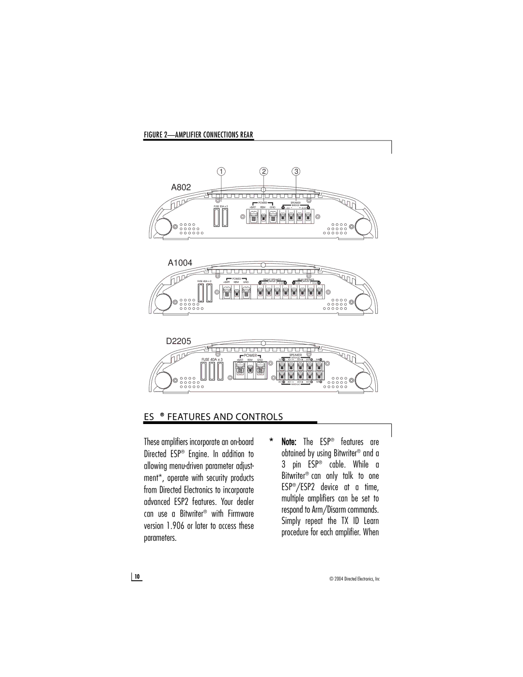 Directed Electronics D2205, A1004, A802 owner manual ESP Features and Controls, Amplifier Connections Rear 