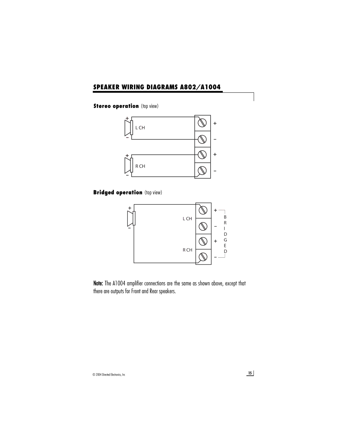 Directed Electronics D2205 owner manual Speaker Wiring Diagrams A802/A1004 