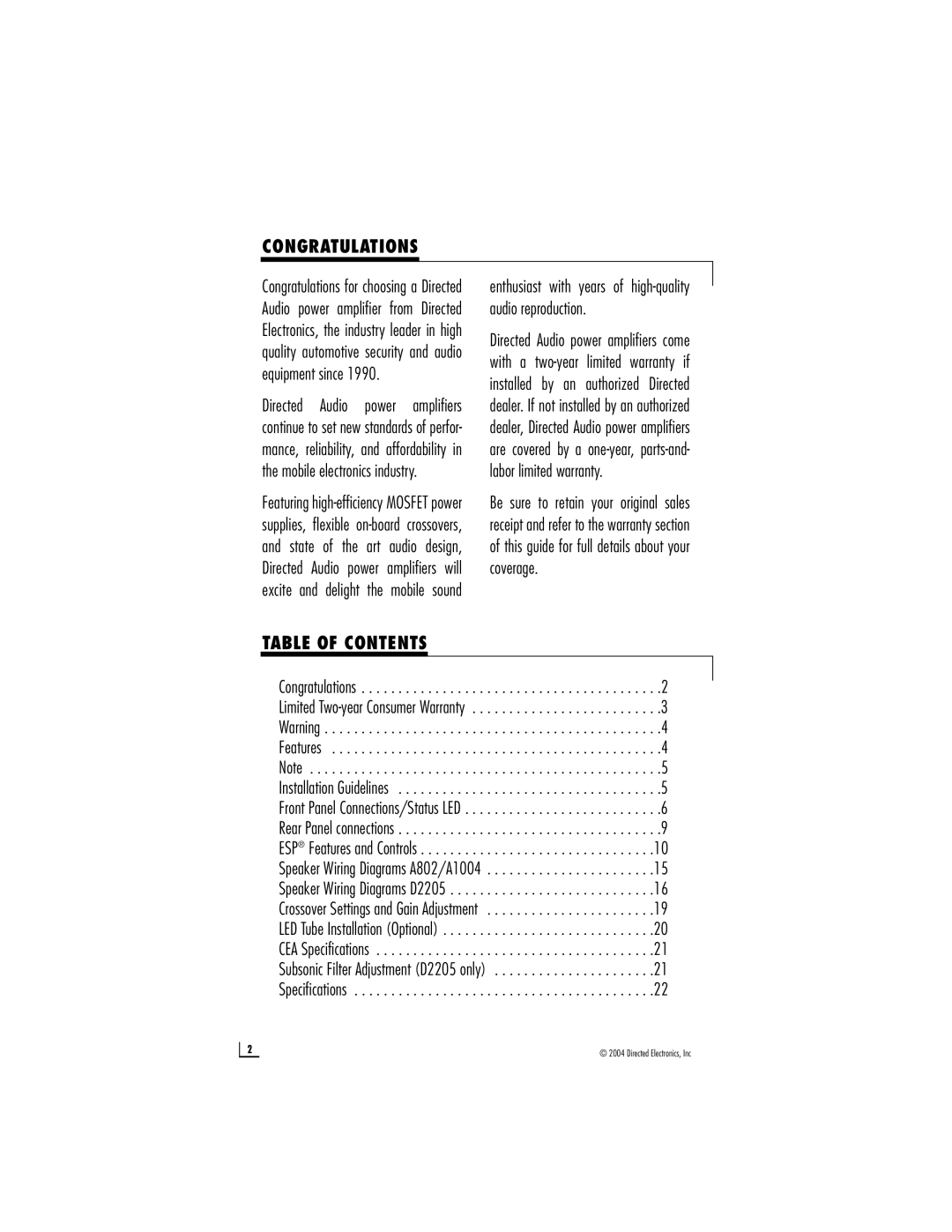 Directed Electronics A802, A1004, D2205 owner manual Congratulations, Table of Contents 