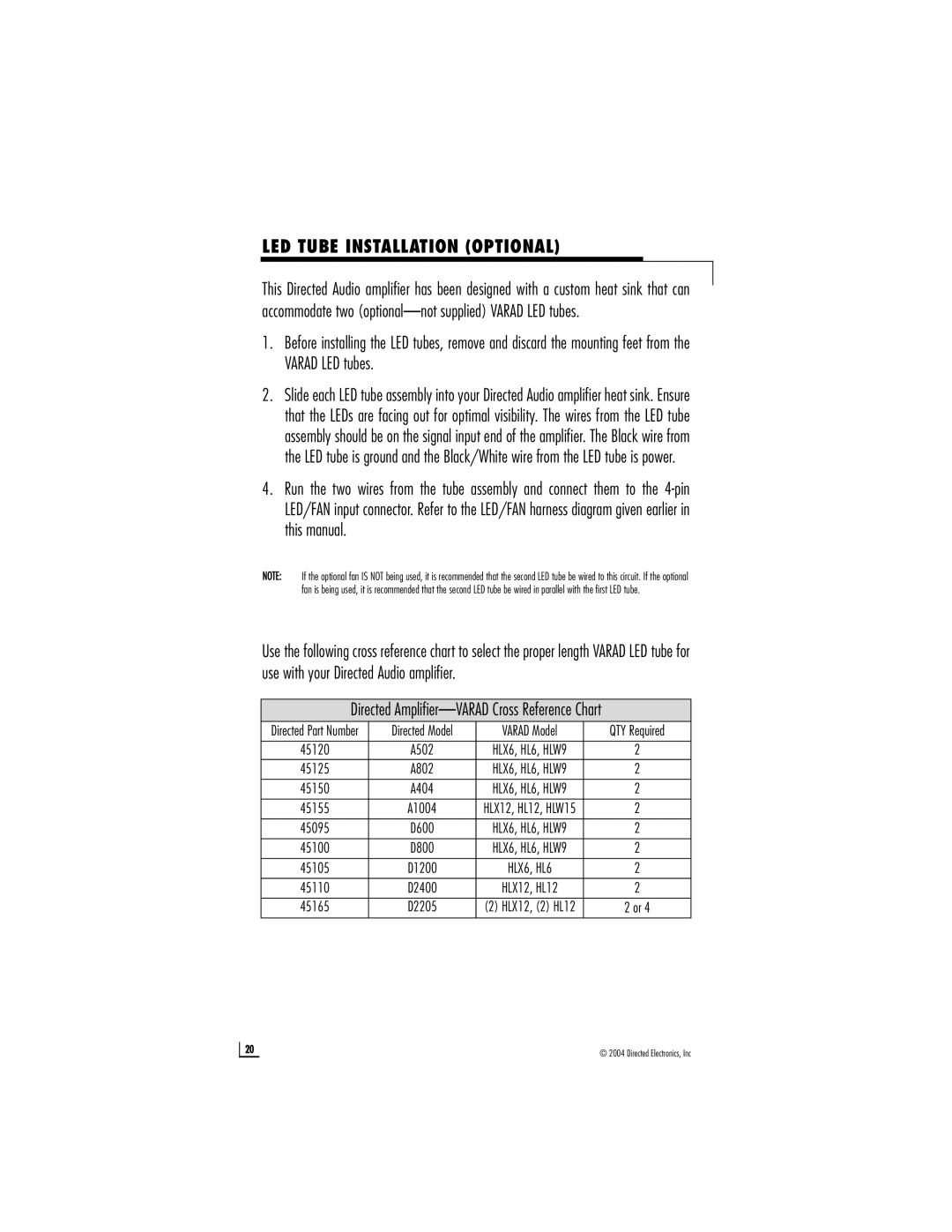 Directed Electronics A802, A1004, D2205 LED Tube Installation Optional, Directed Amplifier-VARAD Cross Reference Chart 