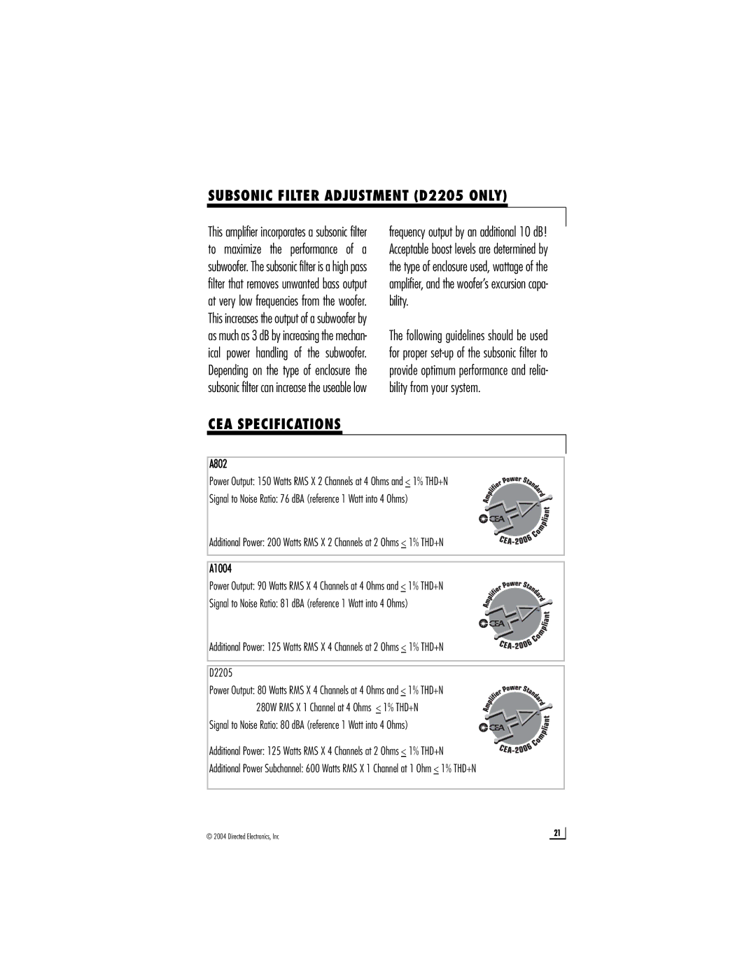 Directed Electronics A1004, A802 owner manual Subsonic Filter Adjustment D2205 only, CEA Specifications 