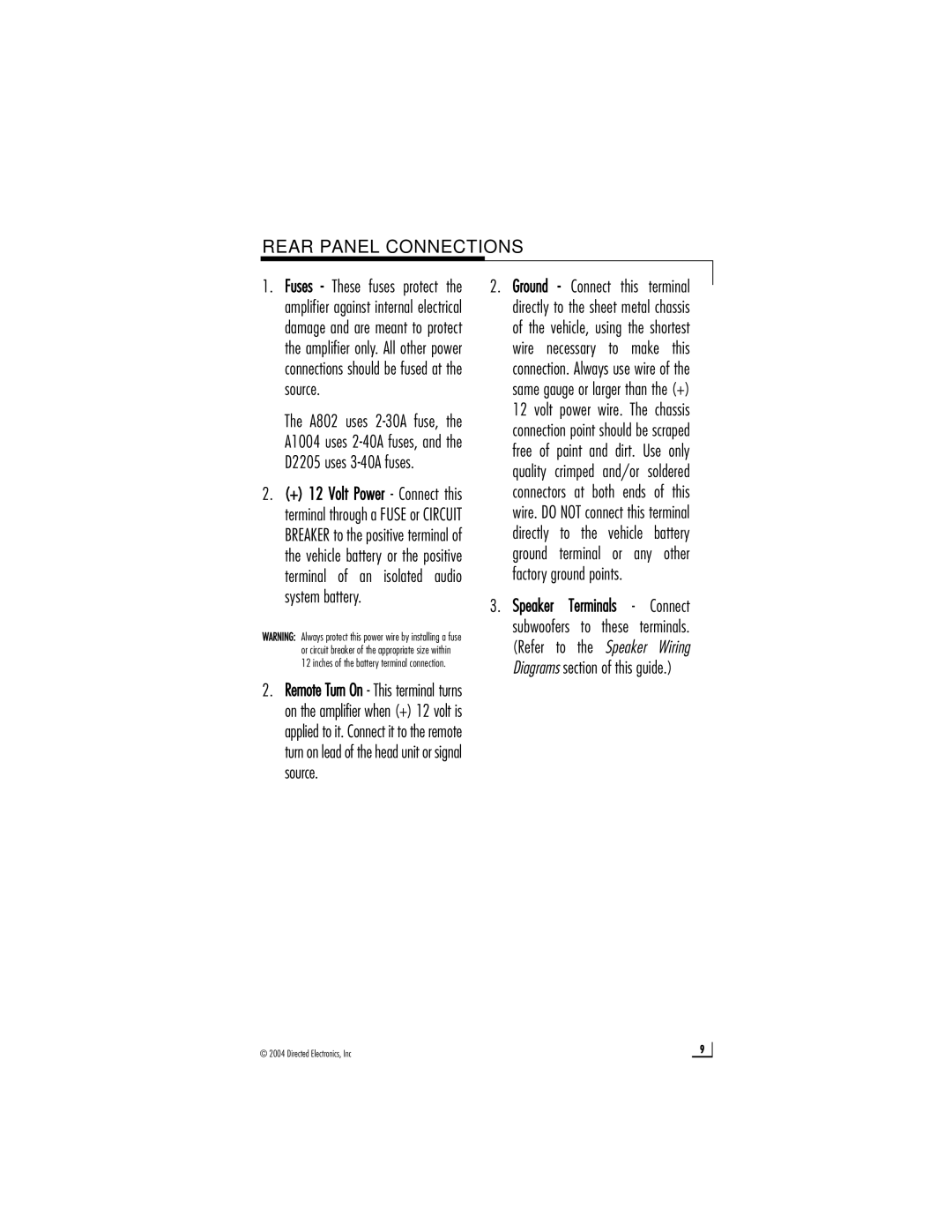 Directed Electronics A1004, D2205, A802 owner manual Rear Panel Connections 