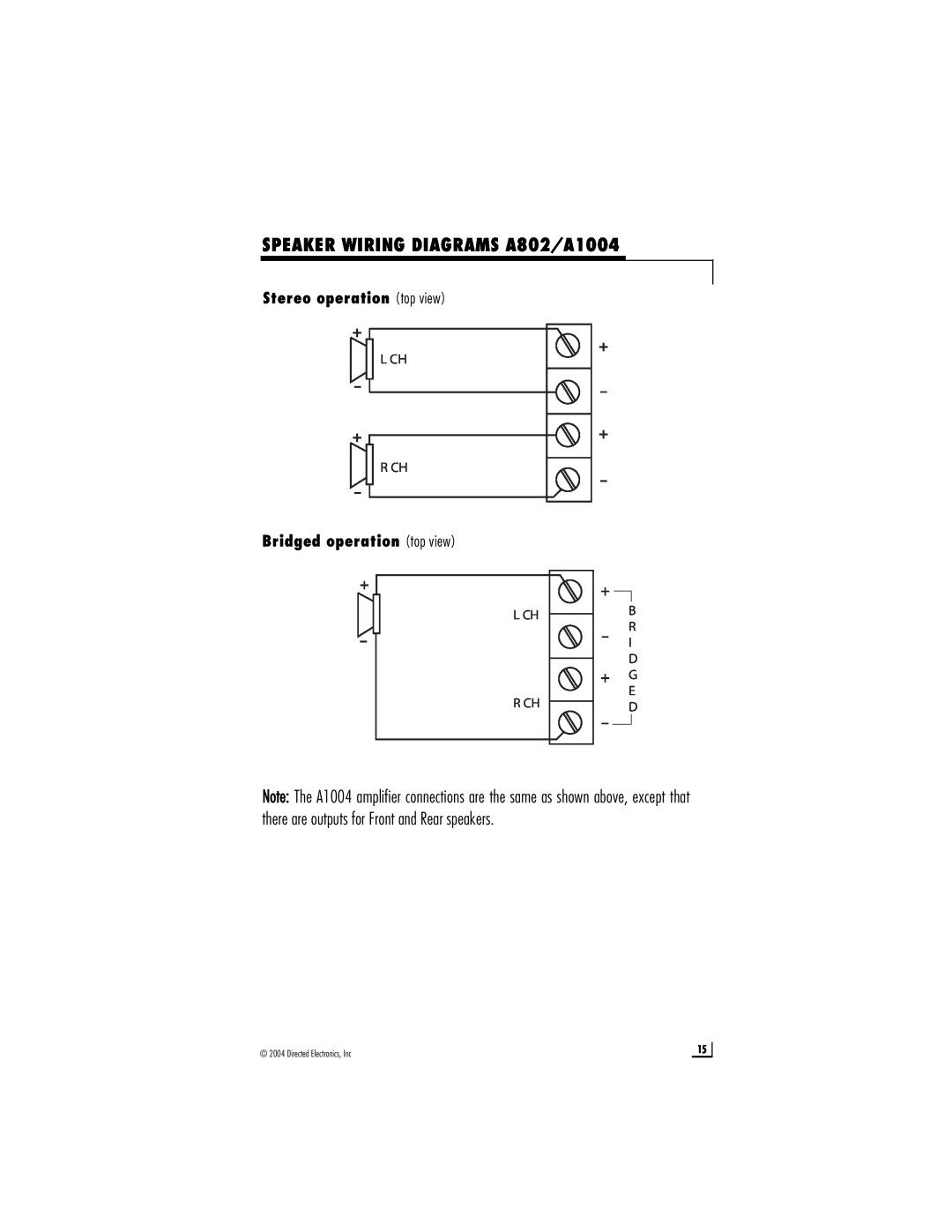 Directed Electronics D2205 SPEAKER WIRING DIAGRAMS A802/A1004, Stereo operation top view, Bridged operation top view 