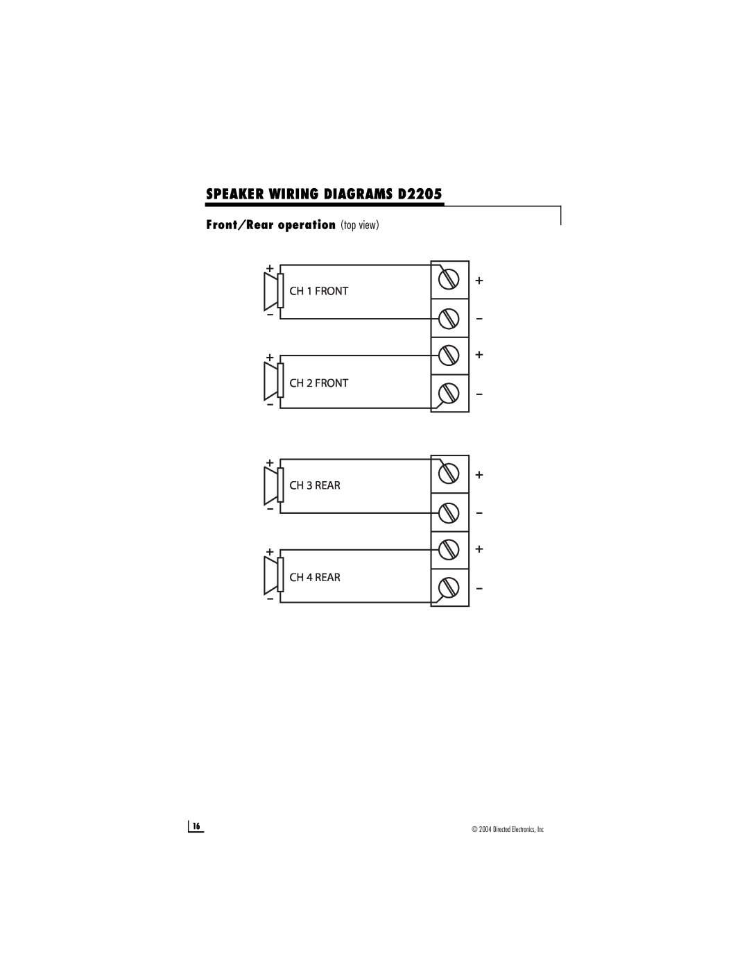 Directed Electronics A1004 SPEAKER WIRING DIAGRAMS D2205, Front/Rear operation top view, Directed Electronics, Inc 