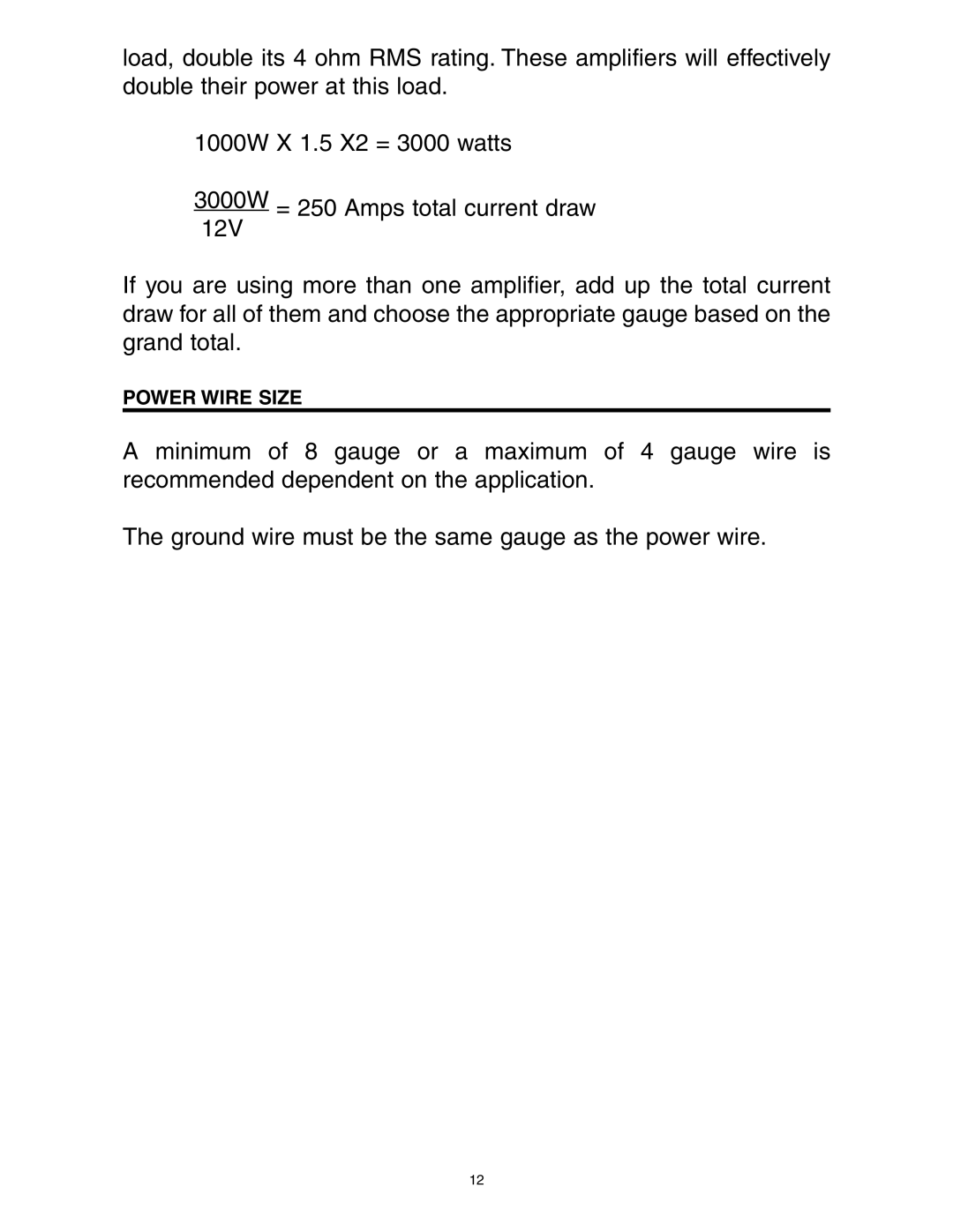 Directed Electronics A600/4, A1200/4 manual Power Wire Size 