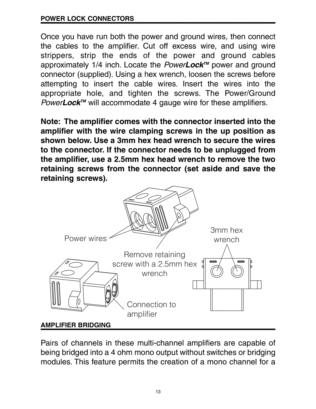 Directed Electronics A1200/4, A600/4 manual Power Lock Connectors, Amplifier Bridging 