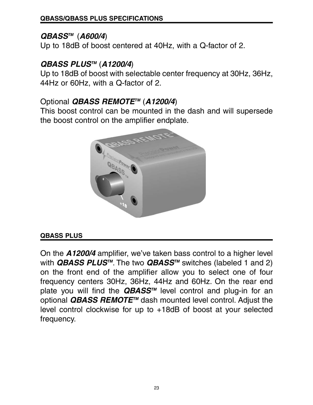 Directed Electronics A1200/4, A600/4 manual QBASS/QBASS Plus Specifications, Qbass Plus 