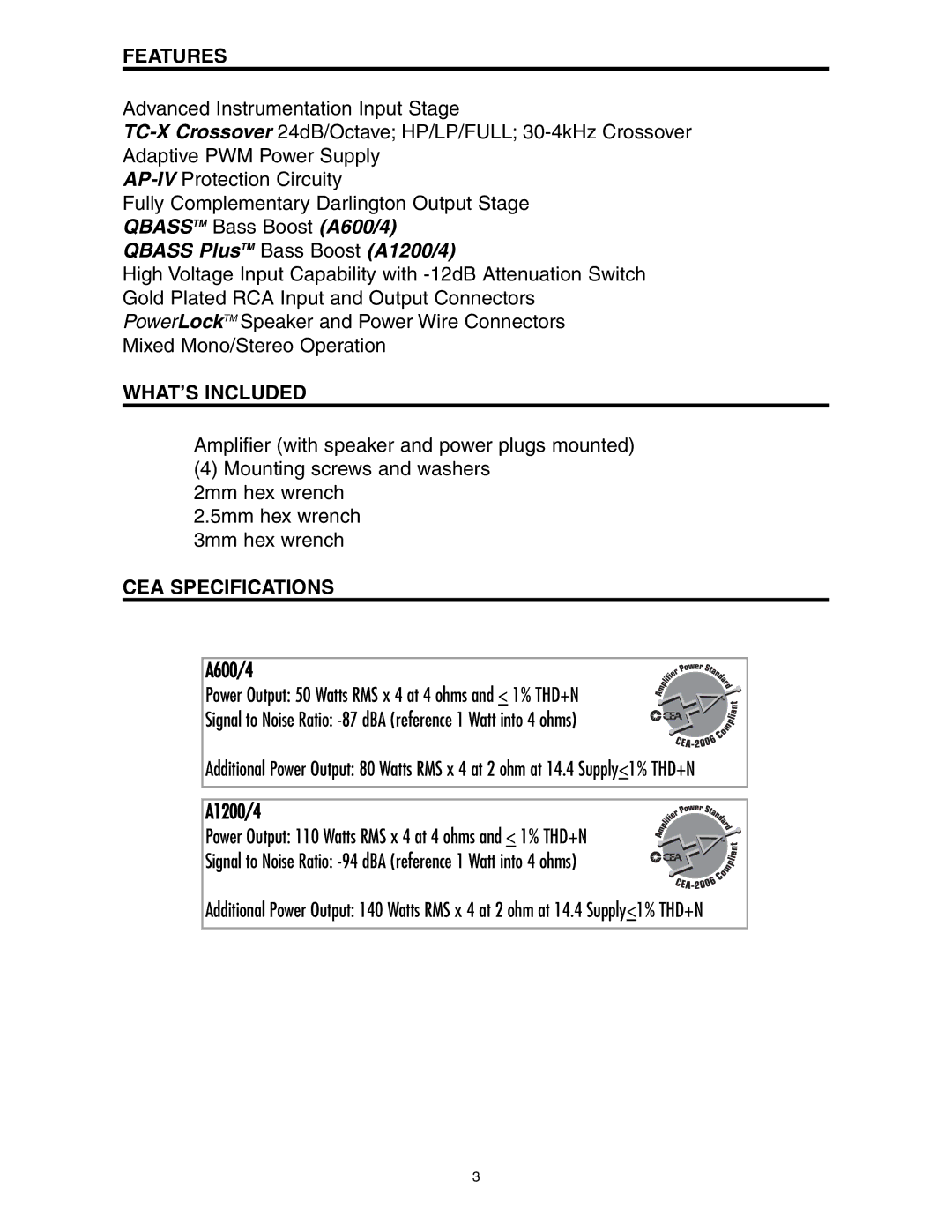 Directed Electronics A1200/4, A600/4 manual Features, WHAT’S Included, CEA Specifications 