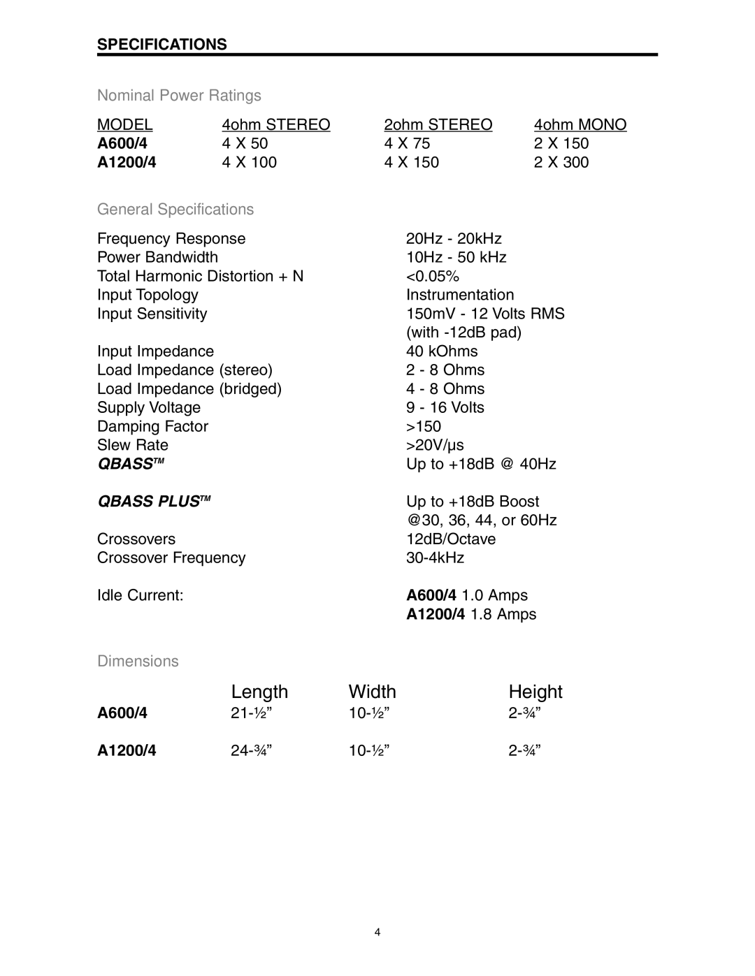 Directed Electronics A600/4, A1200/4 manual General Specifications 