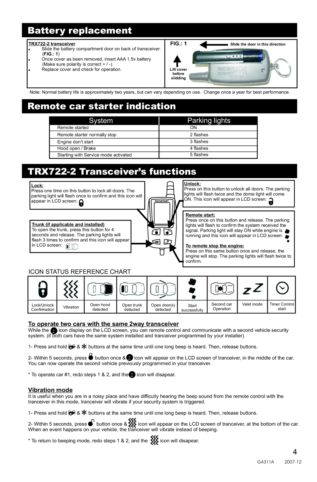 Directed Electronics AM15 manual TRX722-2 transceiver, Lock, Trunk if applicable and installed, Unlock, Remote start 