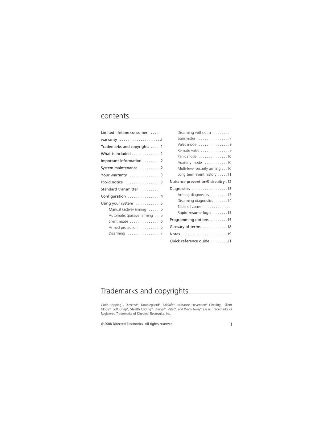 Directed Electronics AM5 manual Contents, Trademarks and copyrights 