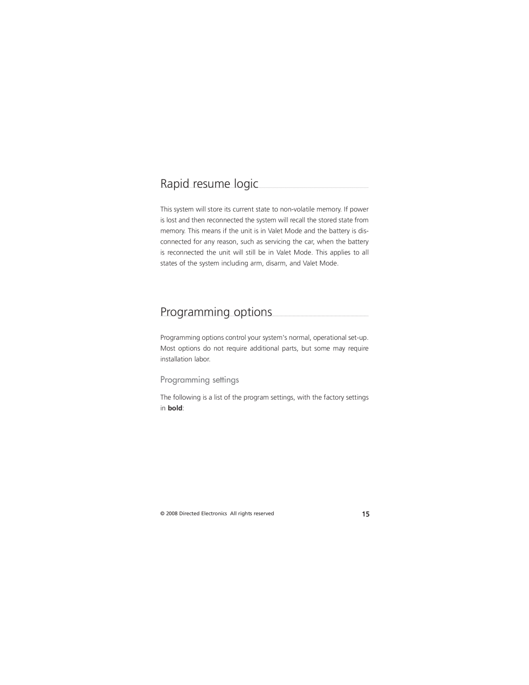 Directed Electronics AM5 manual Rapid resume logic, Programming options, Programming settings 