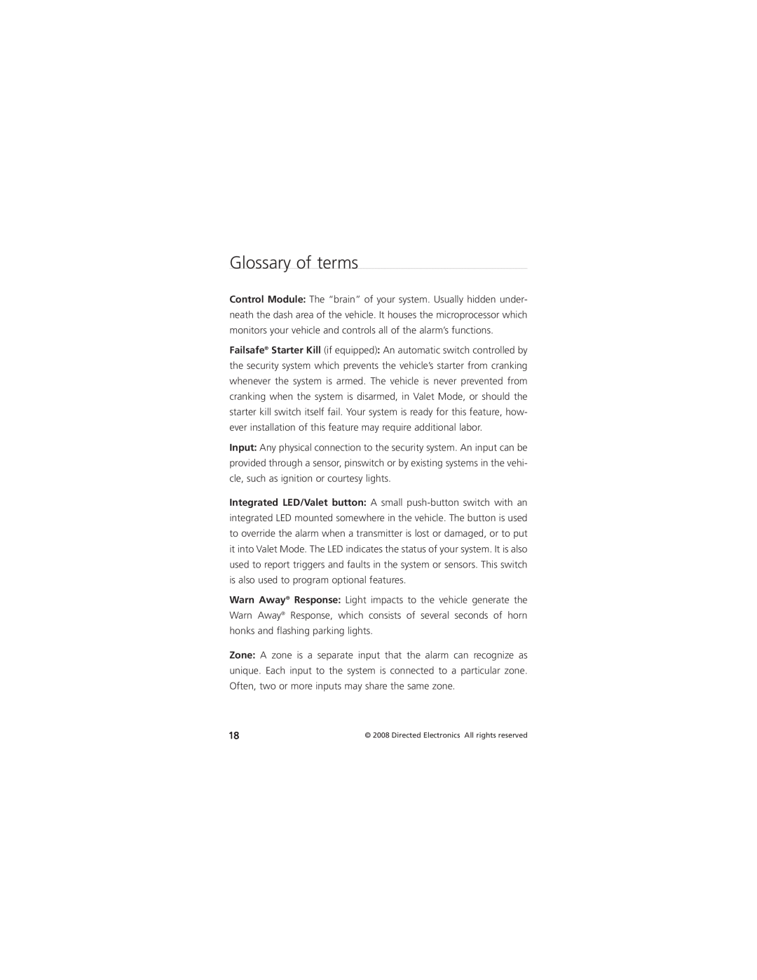 Directed Electronics AM5 manual Glossary of terms 