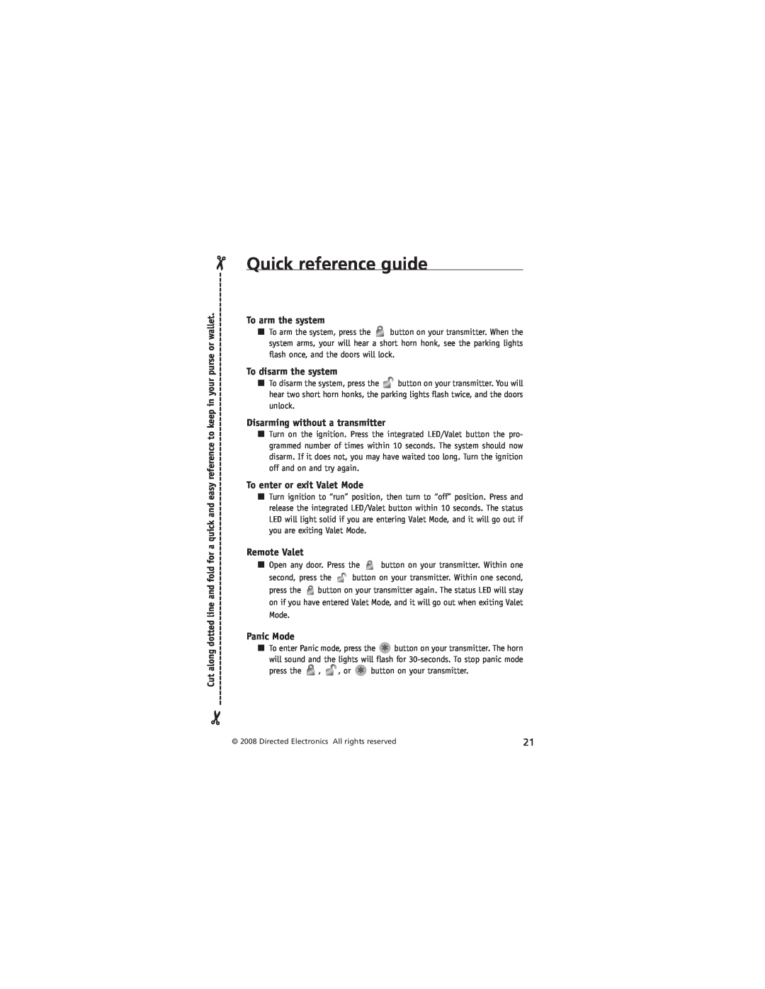 Directed Electronics AM5 Quick reference guide, To arm the system, To disarm the system, Disarming without a transmitter 