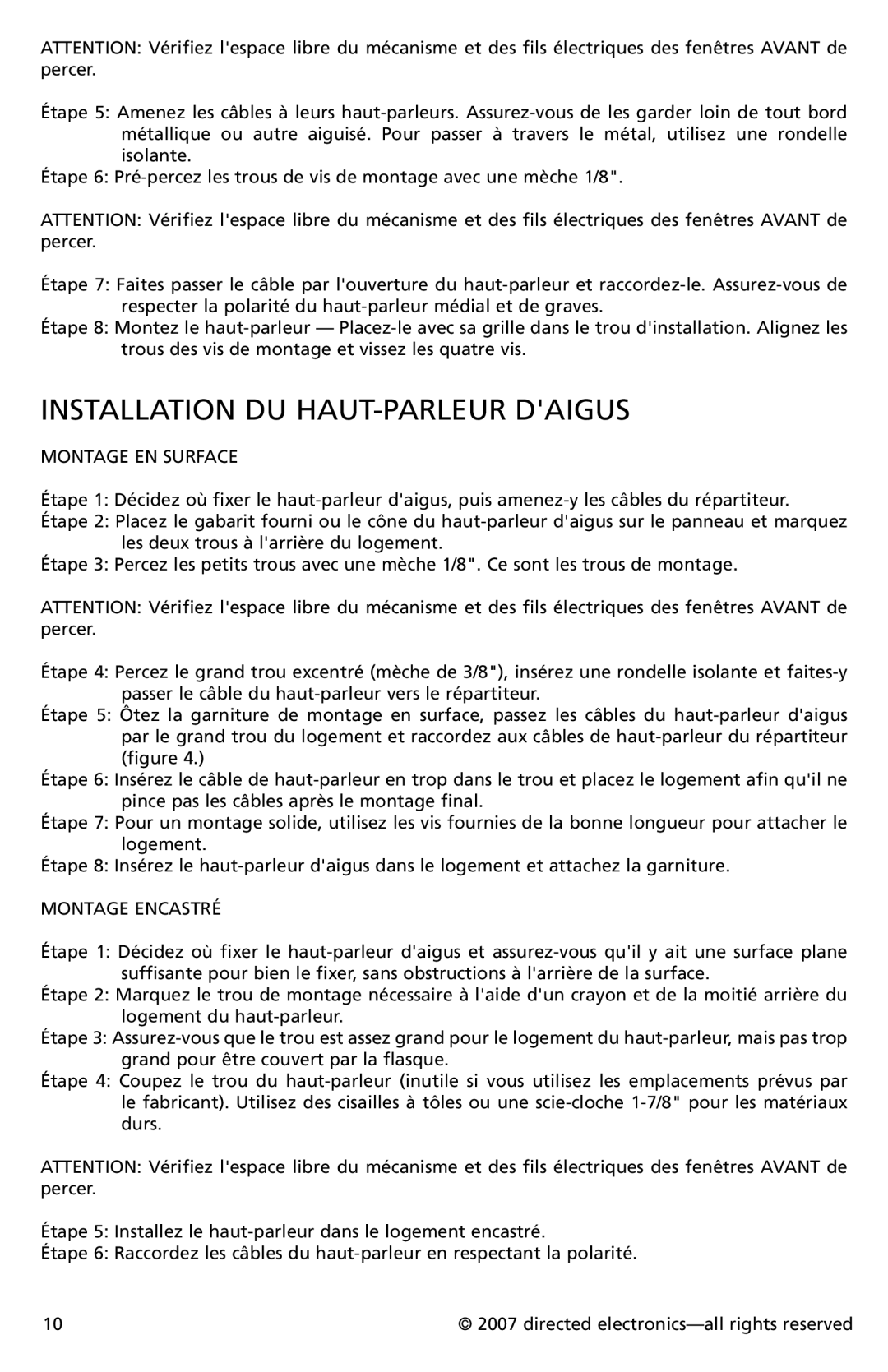 Directed Electronics CO552, CO652 owner manual Installation DU HAUT-PARLEUR Daigus, Montage EN Surface, Montage Encastré 