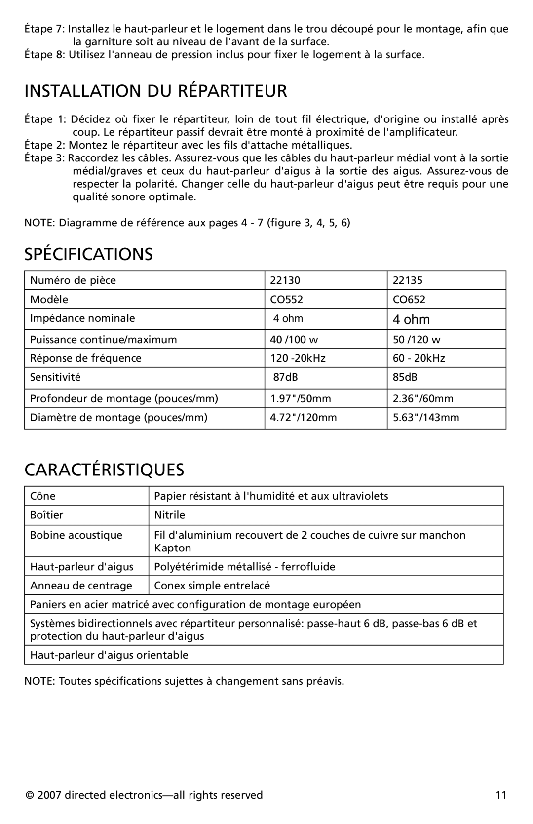 Directed Electronics CO652, CO552 owner manual Installation DU Répartiteur, Spécifications, Caractéristiques 