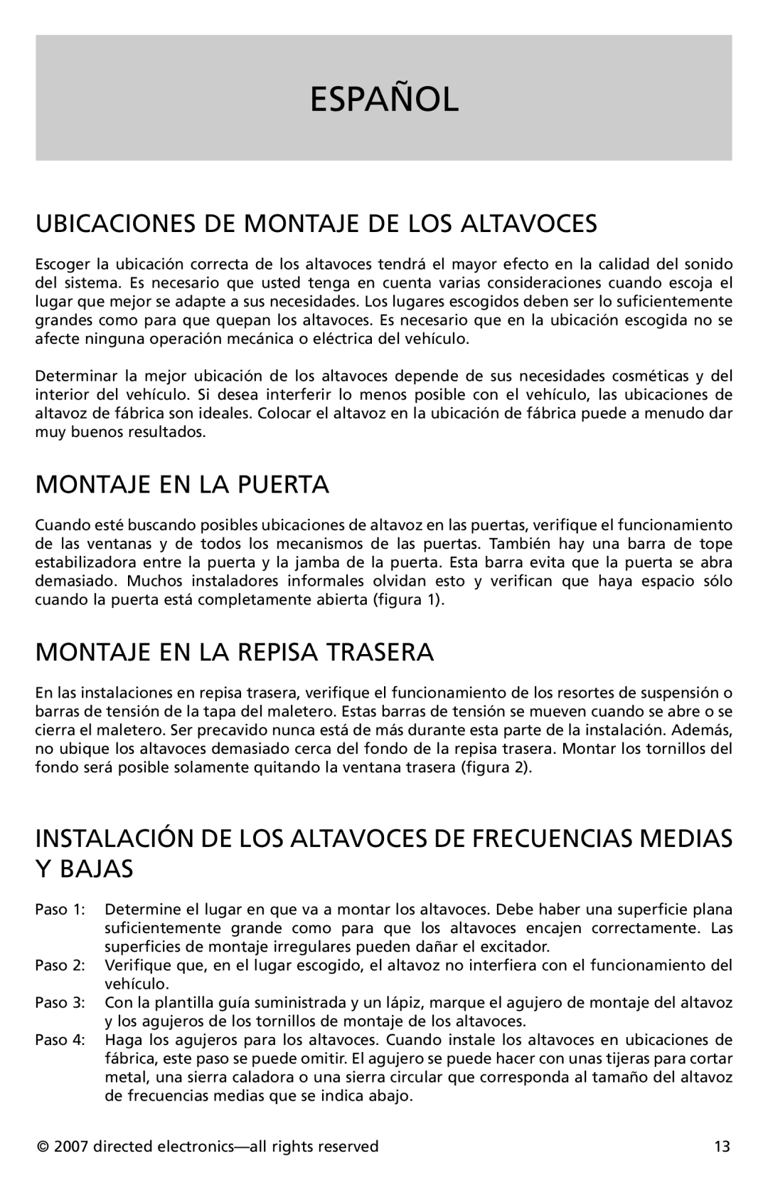 Directed Electronics CO552, CO652 owner manual Español, Ubicaciones DE Montaje DE LOS Altavoces, Montaje EN LA Puerta 