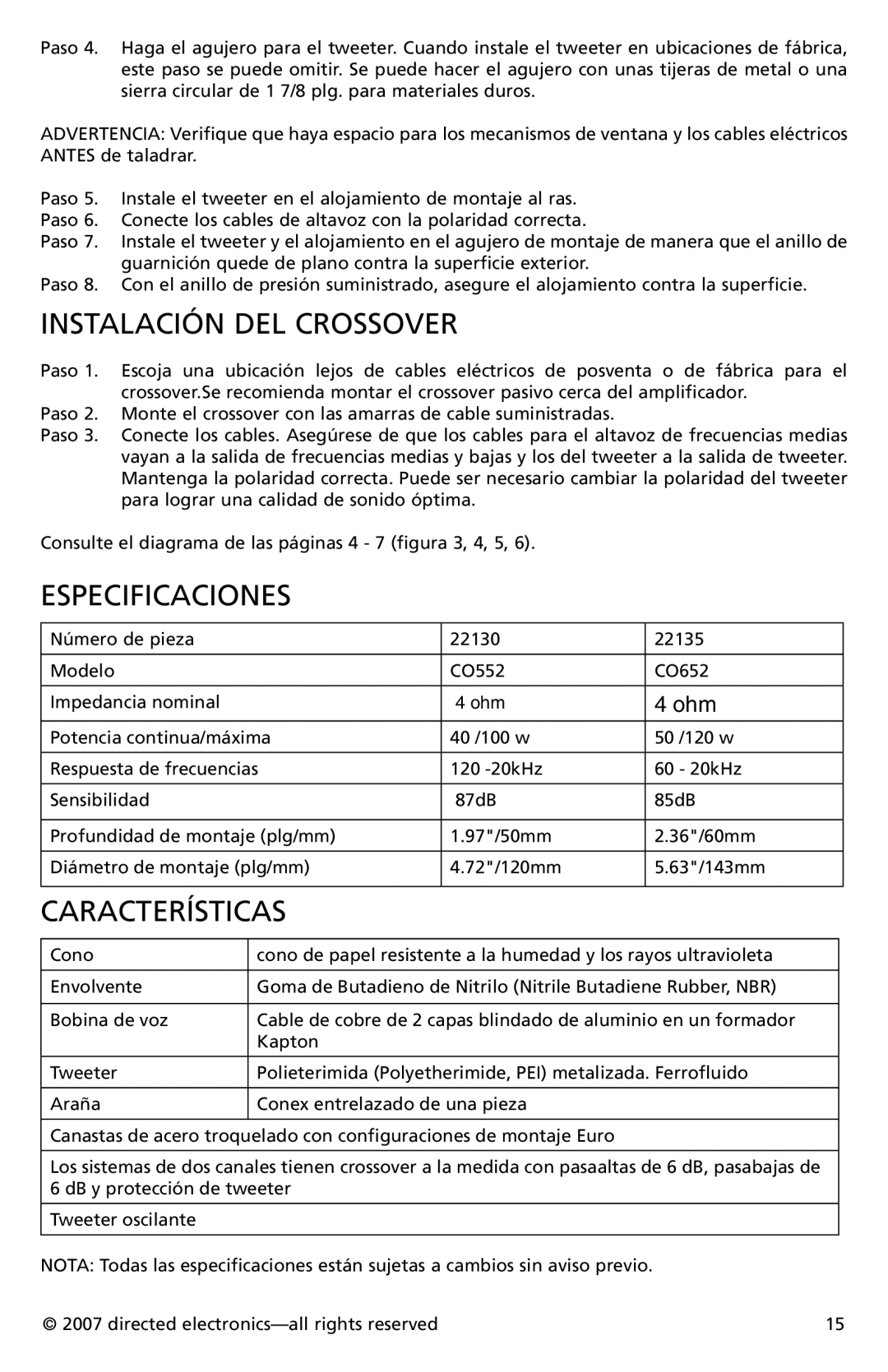 Directed Electronics CO552, CO652 owner manual Instalación DEL Crossover, Especificaciones, Características 