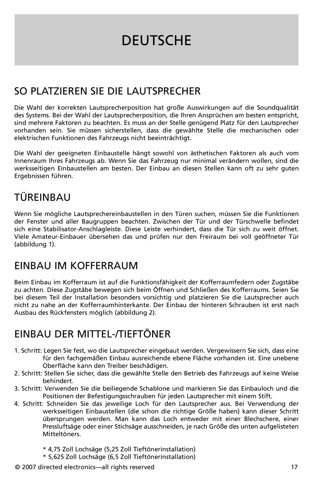 Directed Electronics CO652, CO552 owner manual Deutsche, SO Platzieren SIE DIE Lautsprecher, Türeinbau, Einbau IM Kofferraum 