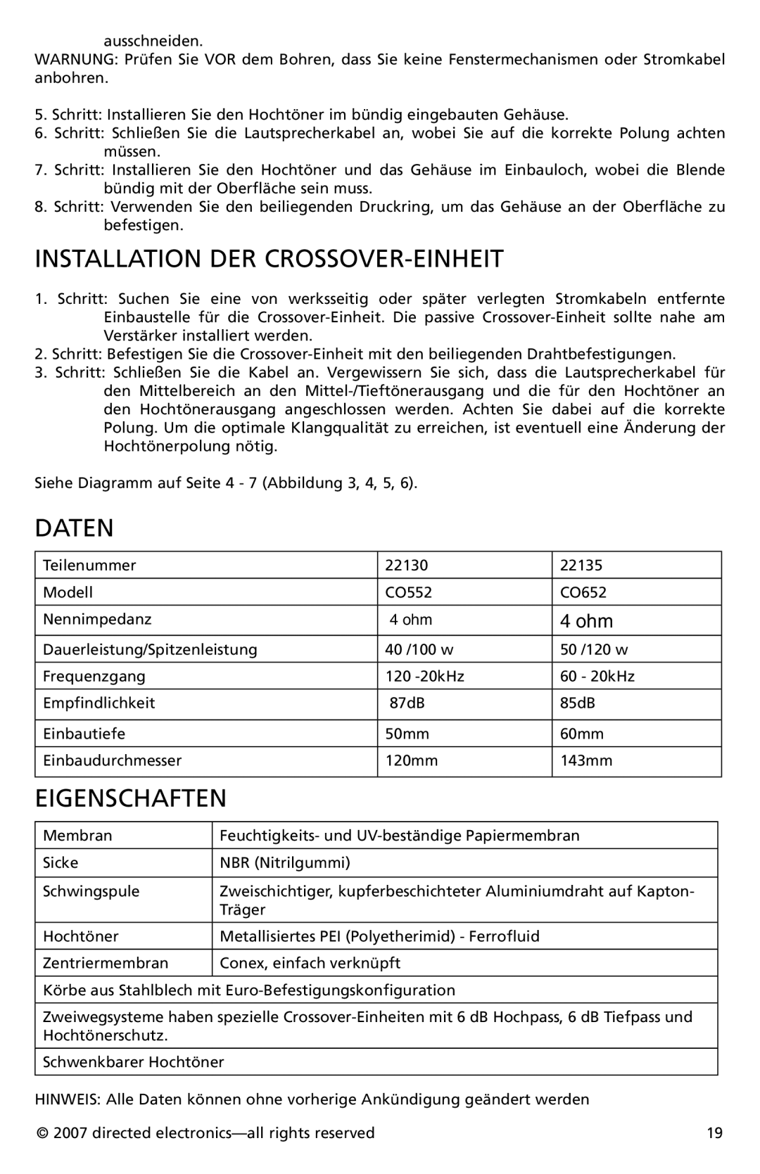 Directed Electronics CO652, CO552 owner manual Installation DER CROSSOVER-EINHEIT, Daten, Eigenschaften 