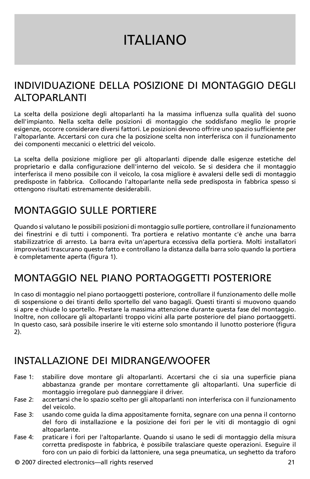 Directed Electronics CO552, CO652 Italiano, Montaggio Sulle Portiere, Montaggio NEL Piano Portaoggetti Posteriore 