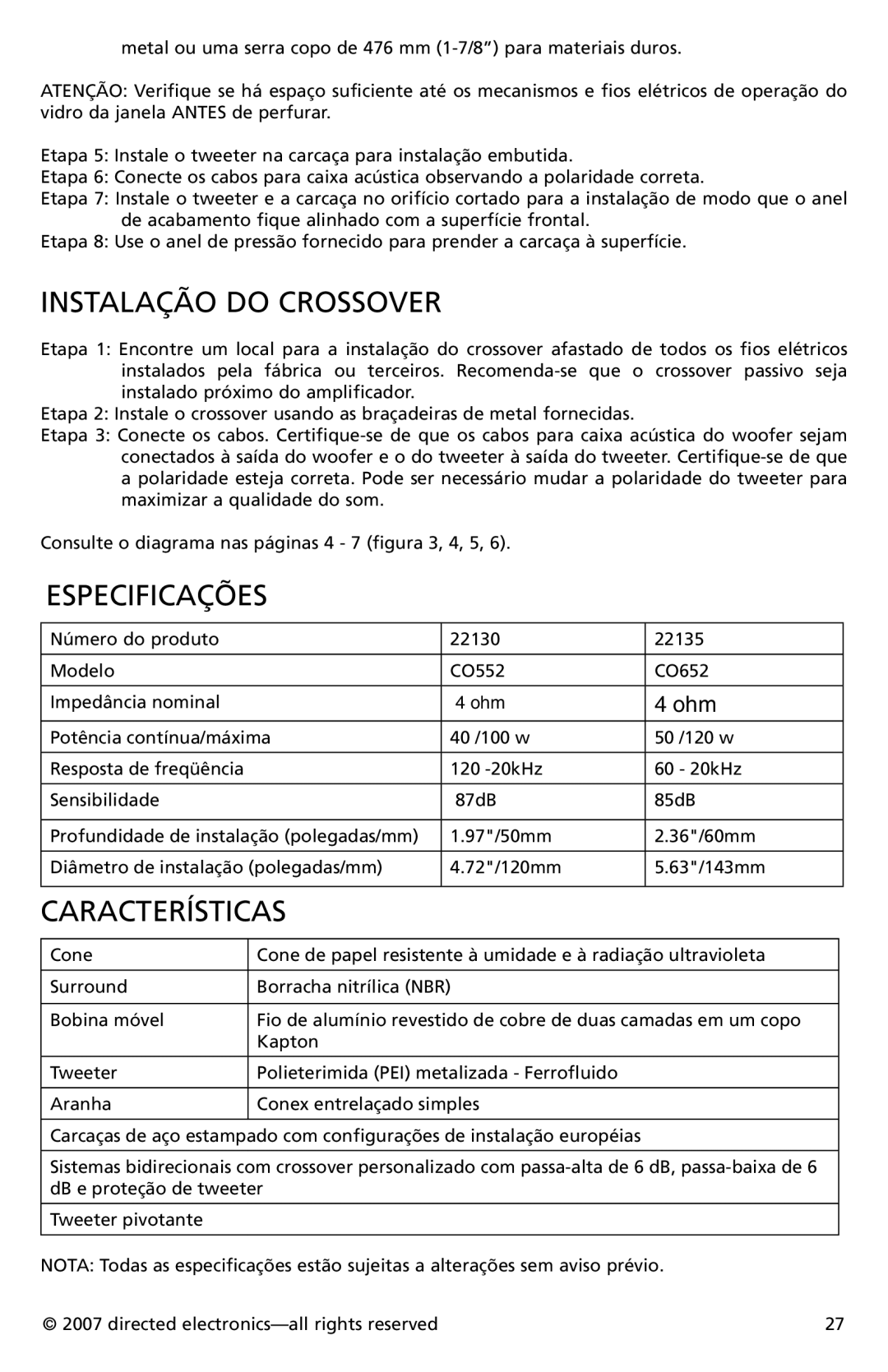 Directed Electronics CO652, CO552 owner manual Instalação do Crossover, Especificações 