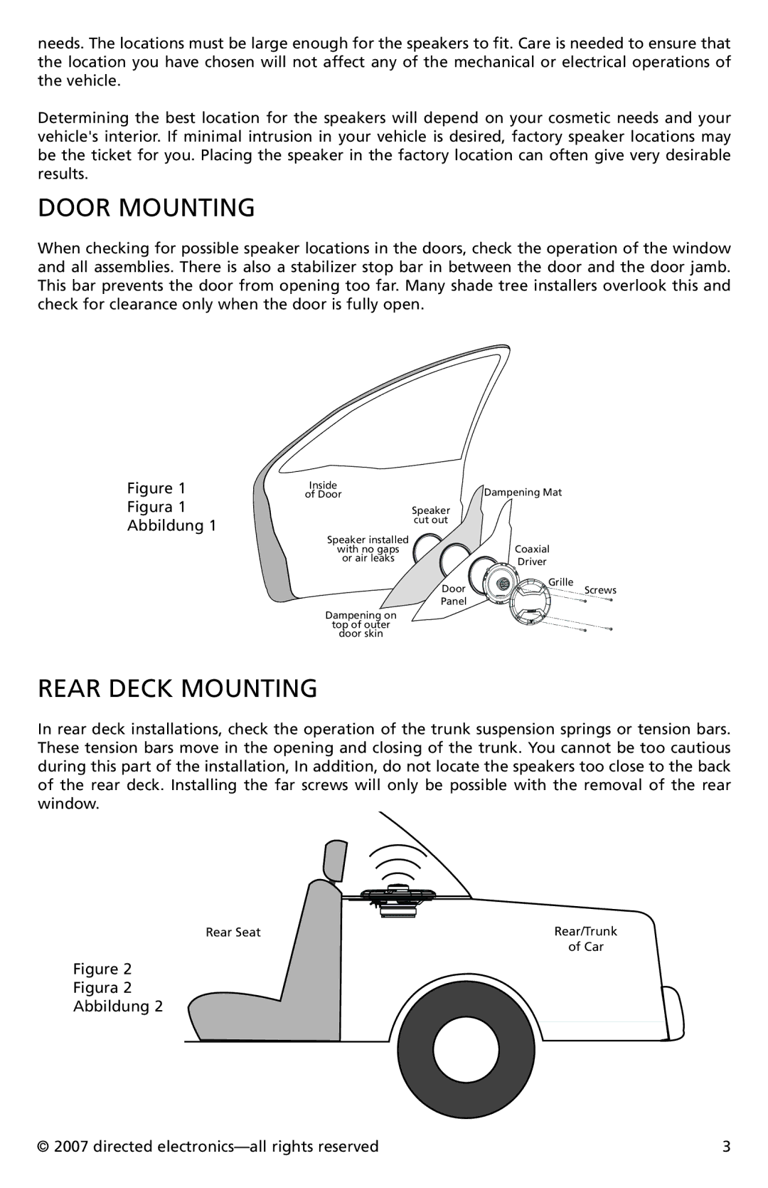 Directed Electronics CO652, CO552 owner manual Door Mounting, Rear Deck Mounting 