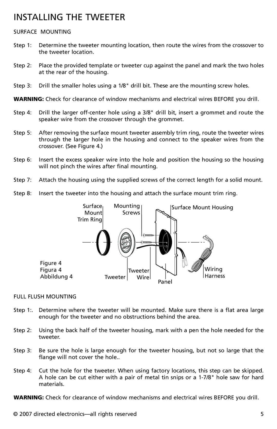 Directed Electronics CO652, CO552 owner manual Installing the Tweeter, Surface Mounting, Full Flush Mounting 