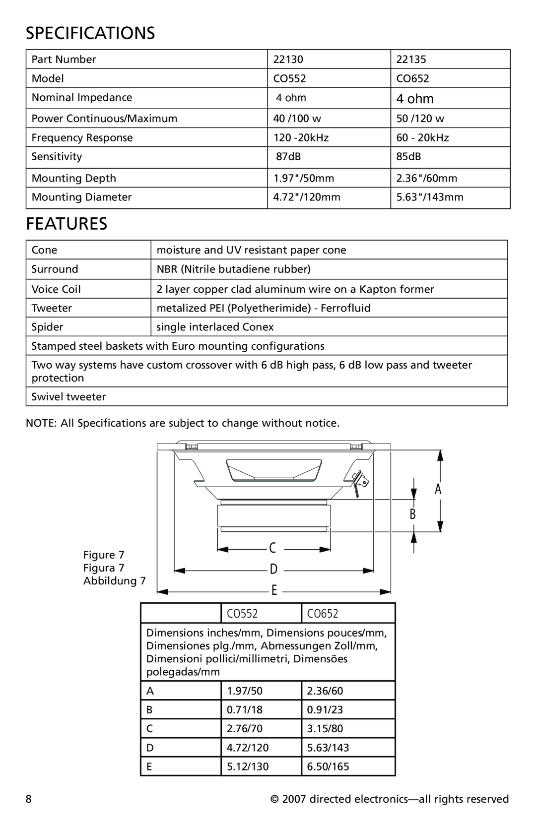 Directed Electronics CO552, CO652 owner manual Specifications, Features 