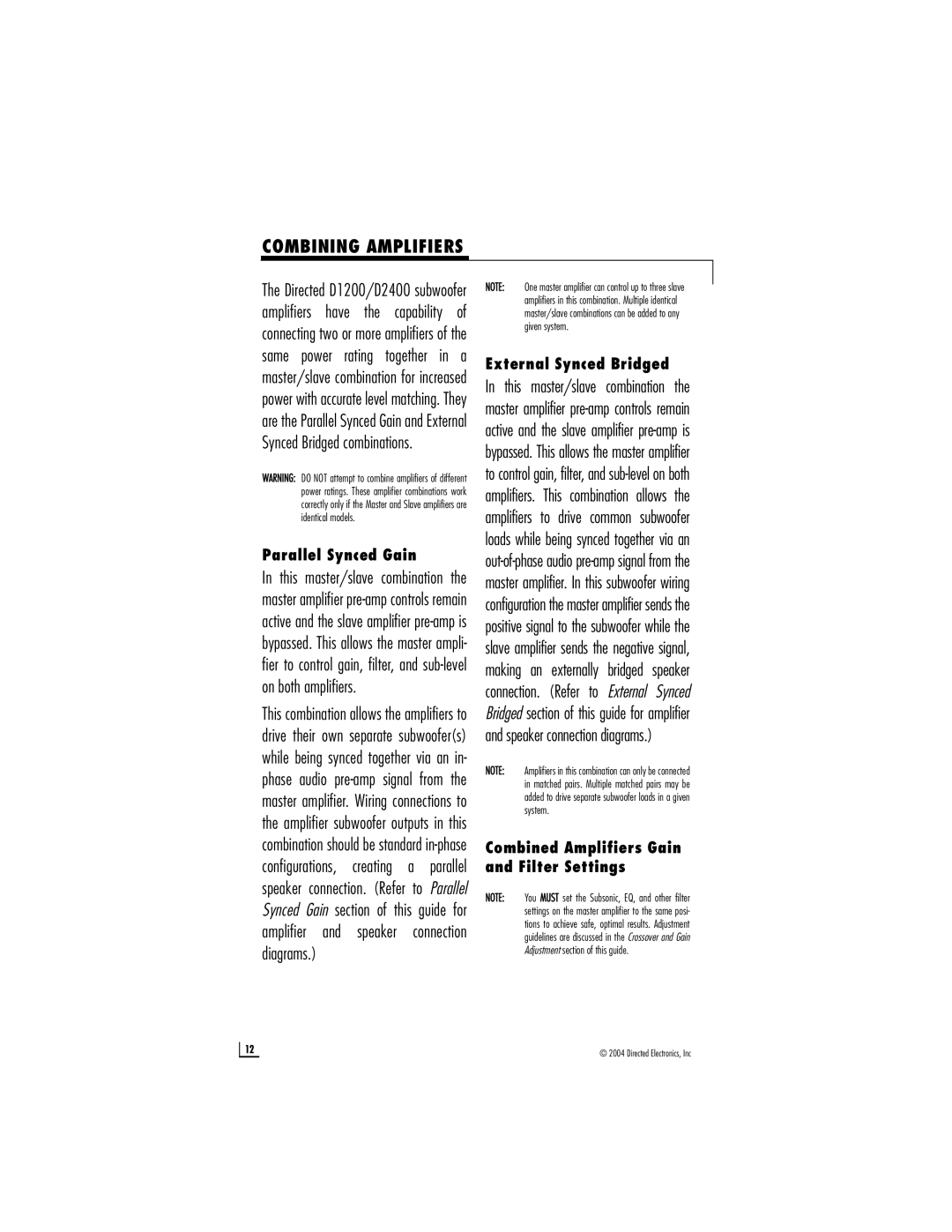 Directed Electronics D2400, D1200 owner manual Combining Amplifiers, Parallel Synced Gain 