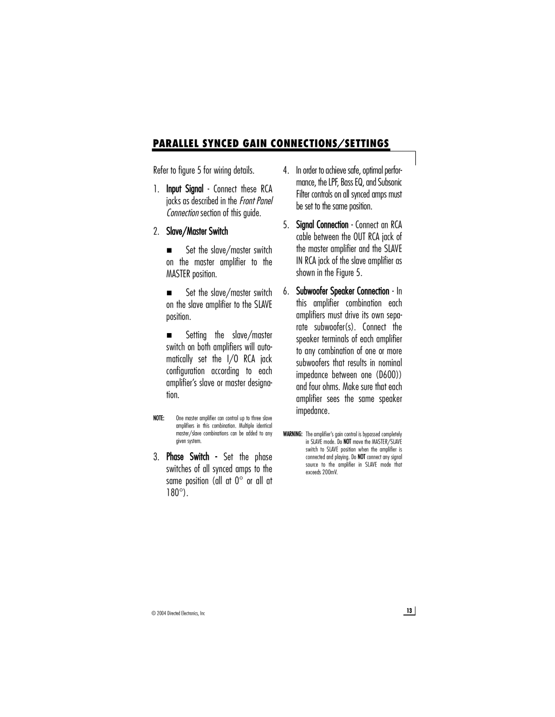 Directed Electronics D1200, D2400 owner manual Parallel Synced Gain CONNECTIONS/SETTINGS, Slave/Master Switch 