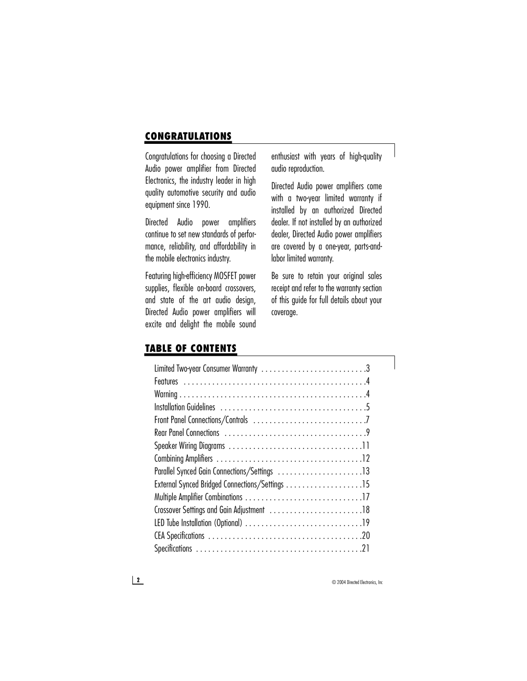 Directed Electronics D2400, D1200 owner manual Congratulations, Table of Contents 