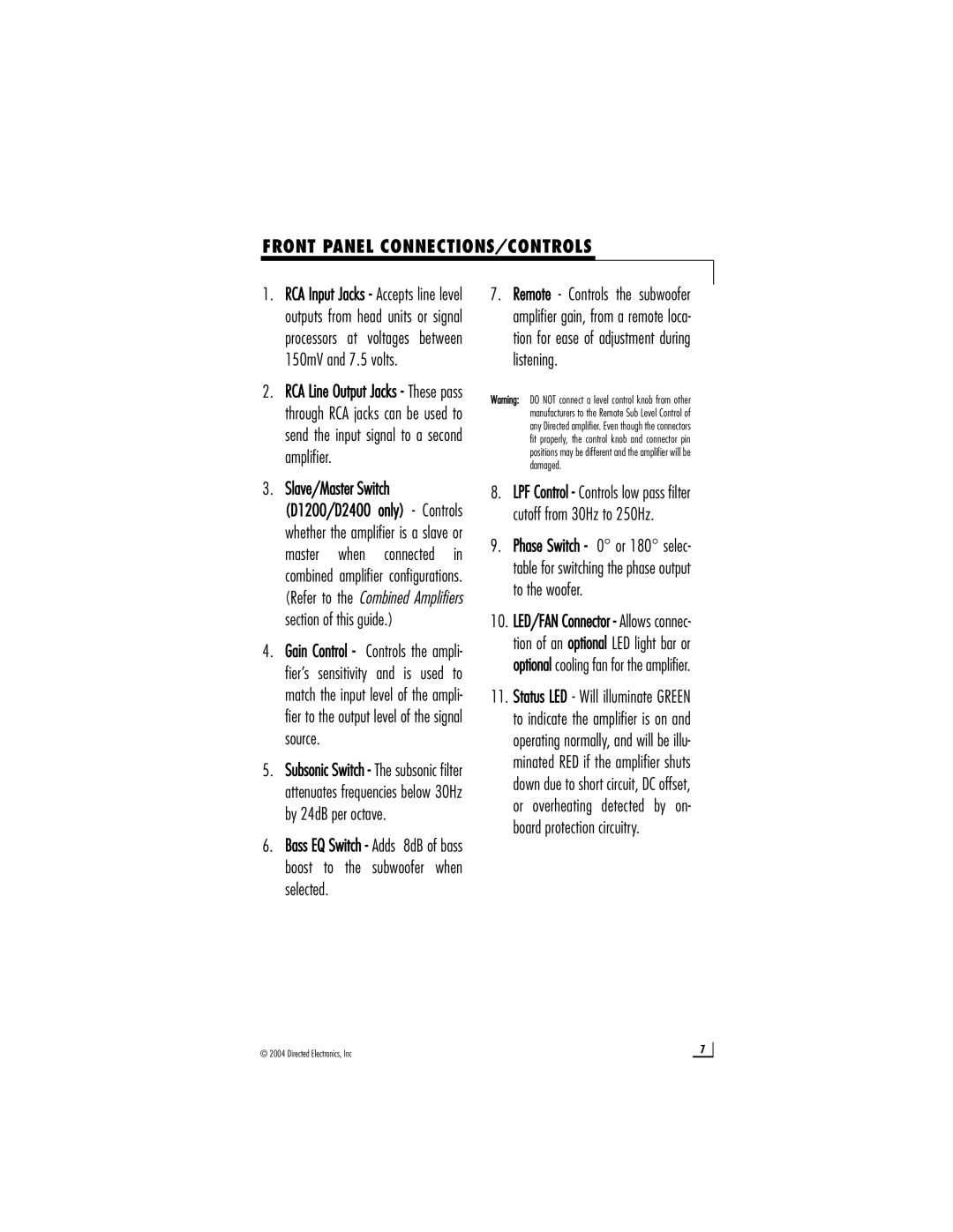 Directed Electronics D1200, D2400 owner manual Front Panel CONNECTIONS/CONTROLS 