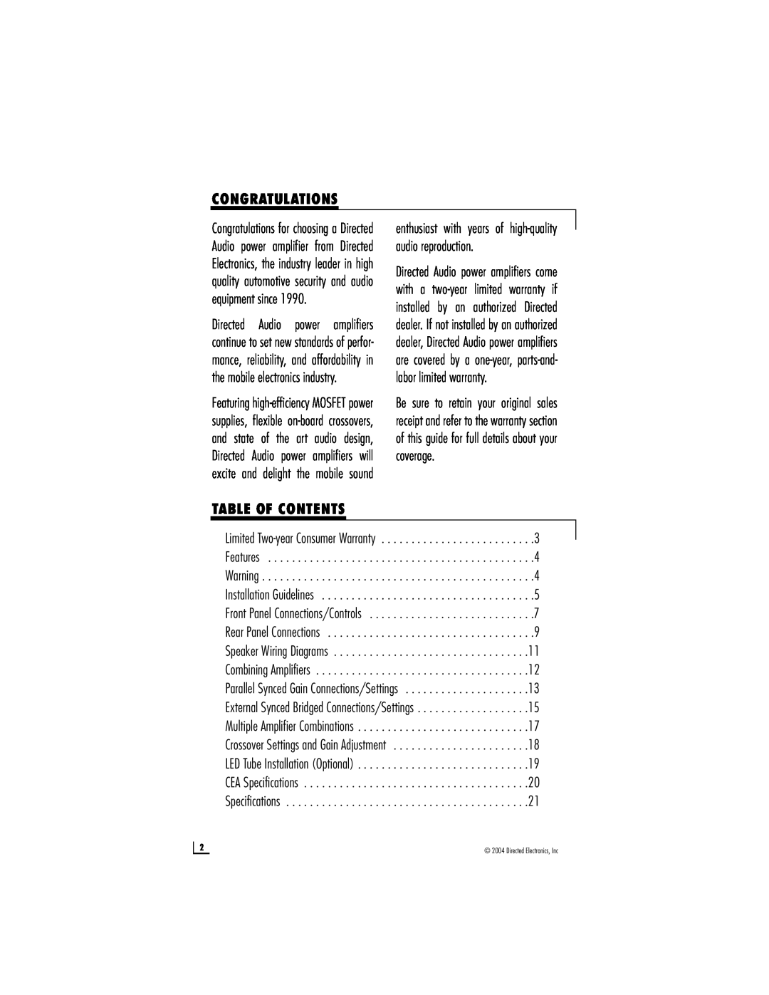 Directed Electronics D2400, D1200 owner manual Congratulations, Table Of Contents, Directed Electronics, Inc 