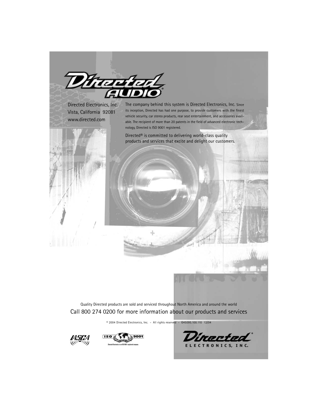 Directed Electronics D2400, D1200 owner manual Directed Electronics, Inc Vista, California 