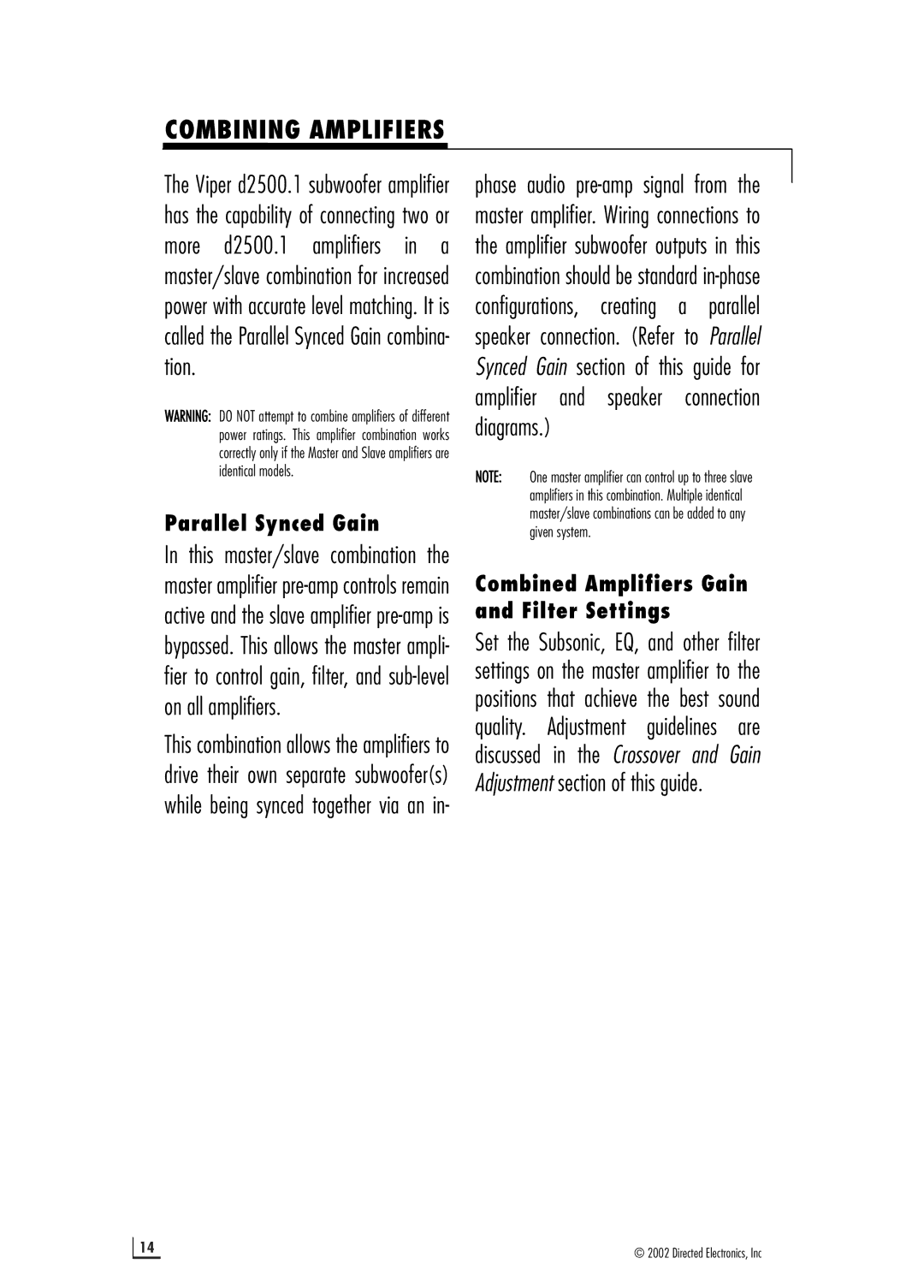 Directed Electronics d2500.1 Combining Amplifiers, Parallel Synced Gain, Combined Amplifiers Gain and Filter Settings 