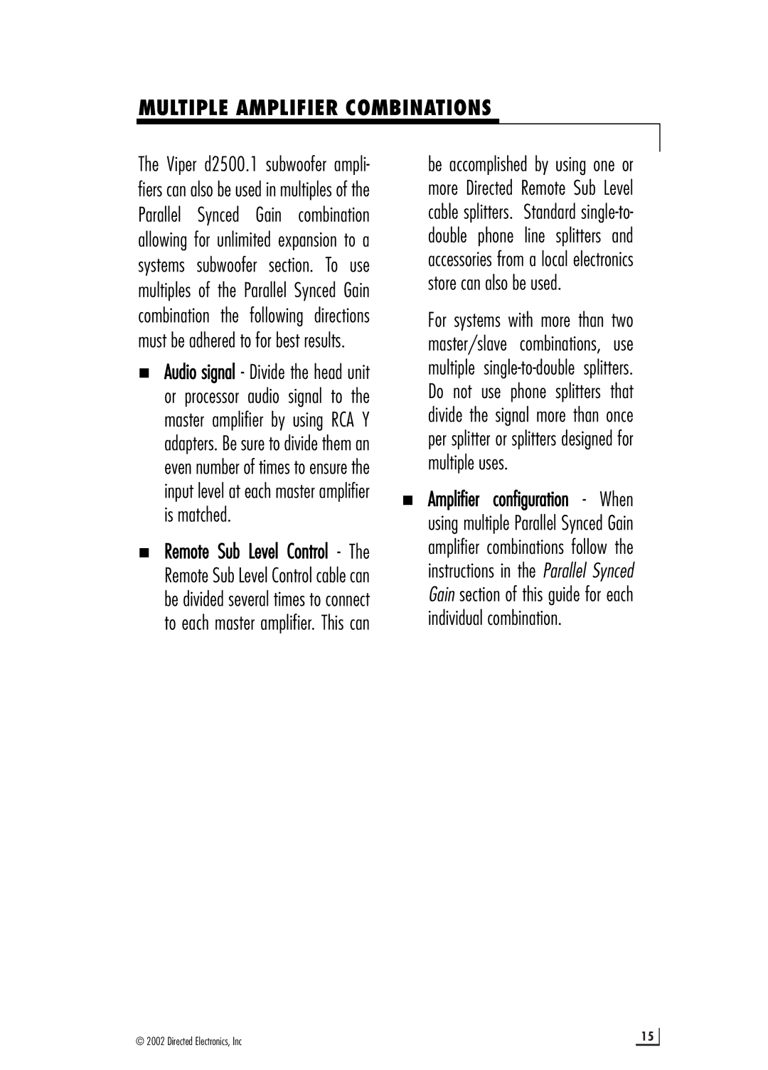 Directed Electronics d2500.1 manual Multiple Amplifier Combinations 