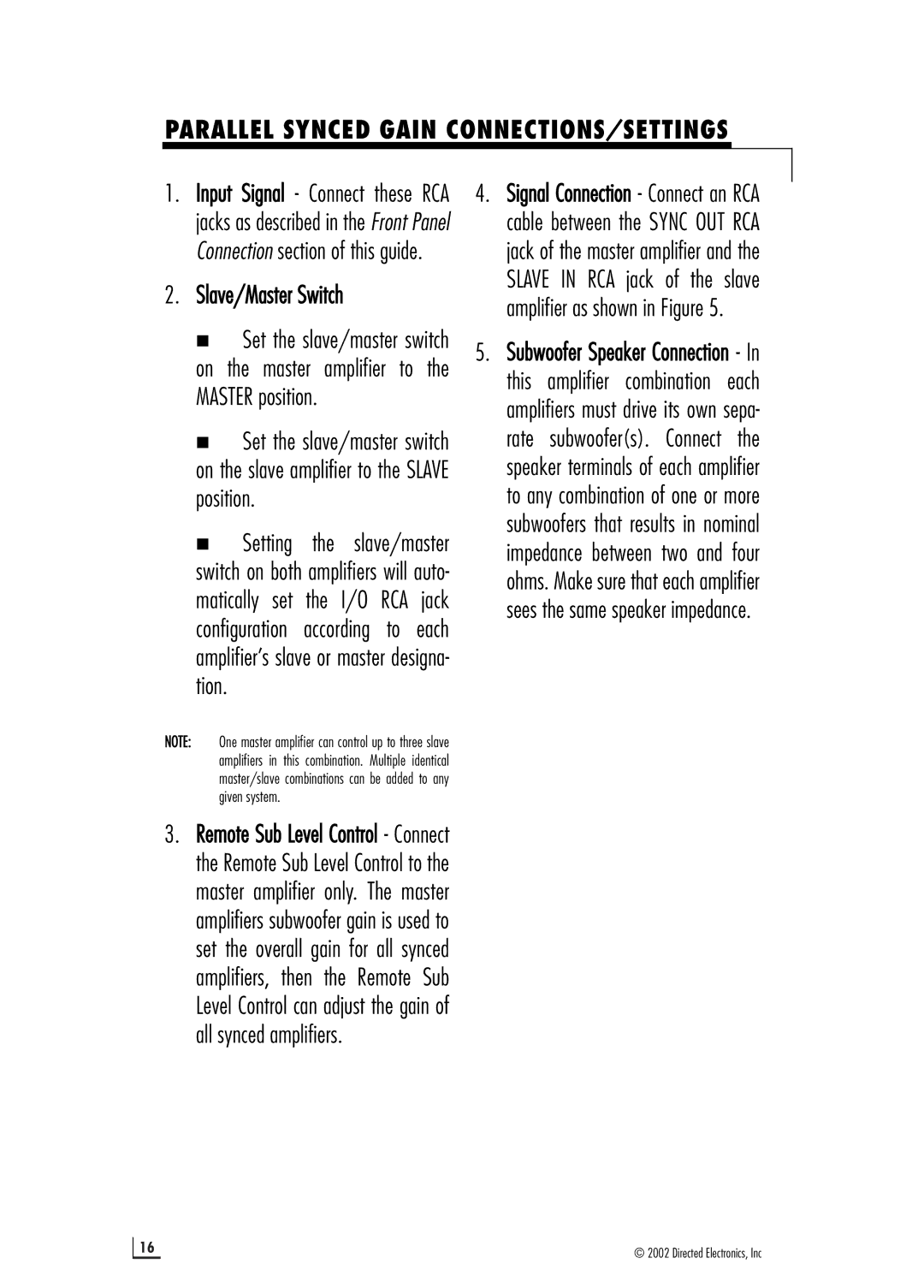 Directed Electronics d2500.1 manual Parallel Synced Gain CONNECTIONS/SETTINGS, Slave/Master Switch 