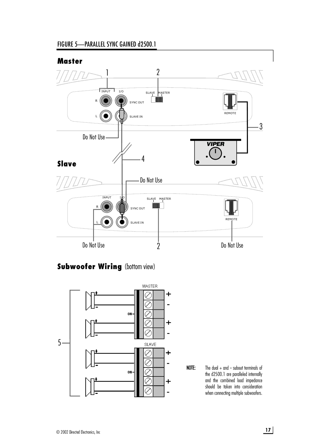 Directed Electronics d2500.1 manual Master, Slave, Subwoofer Wiring bottom view 