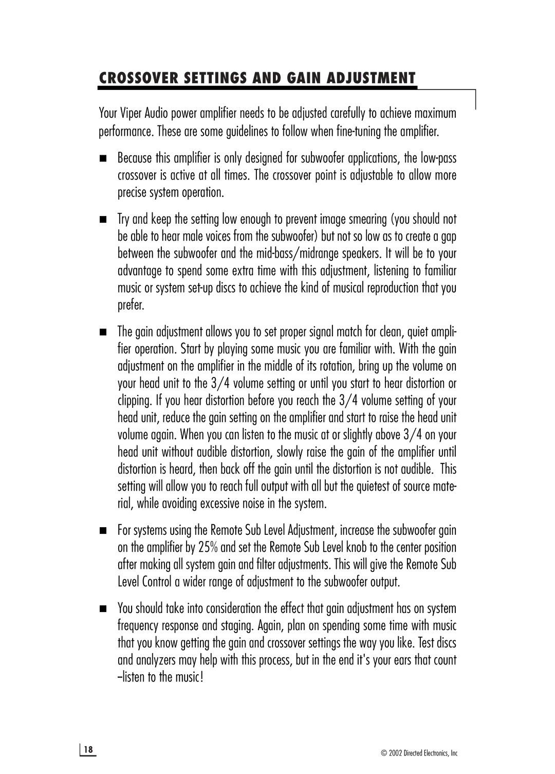 Directed Electronics d2500.1 manual Crossover Settings and Gain Adjustment 