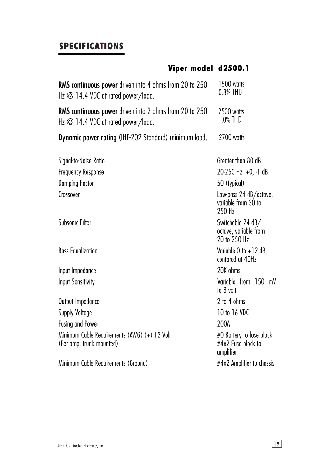 Directed Electronics manual Specifications, Viper model d2500.1 