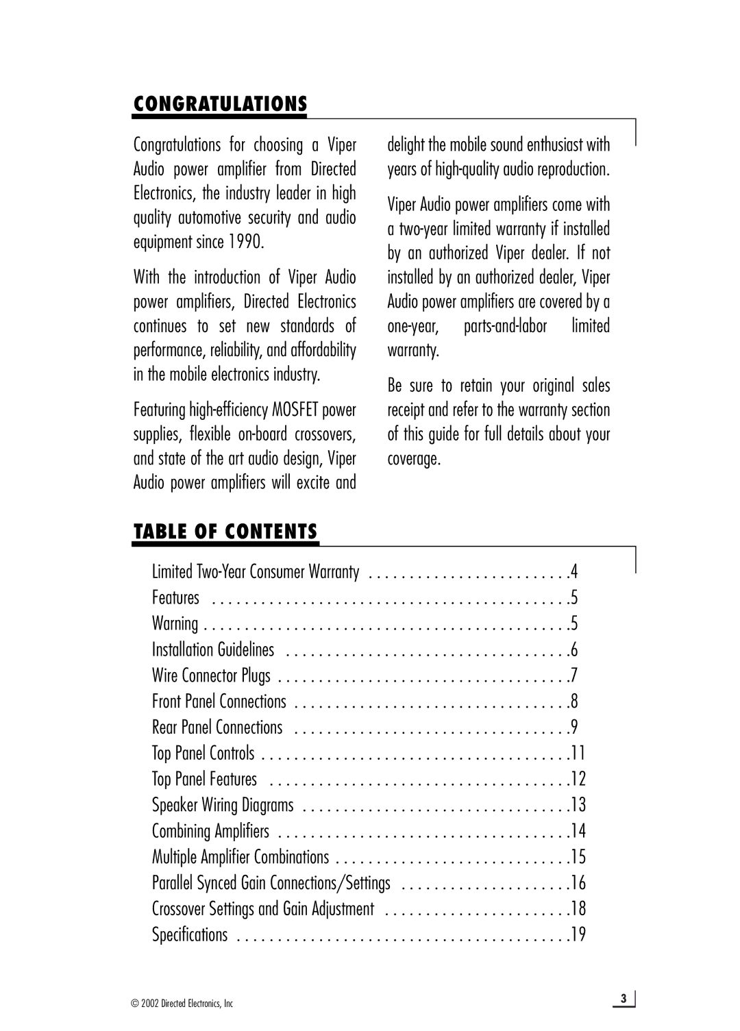 Directed Electronics d2500.1 manual Congratulations, Table of Contents 